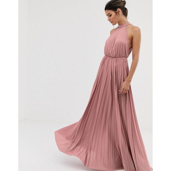 NWT ASOS‎ Design Rose Pink Halter Pleated Waist Maxi Dress Size 10 - Picture 1 of 10